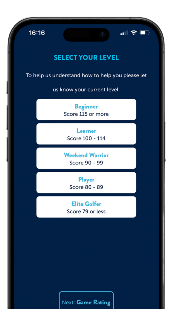 iPhone displaying the personalised roadmap users will encounter when first creating an account. Upon completion, the Me an My Golf app while show the most relevant online golf lessons.