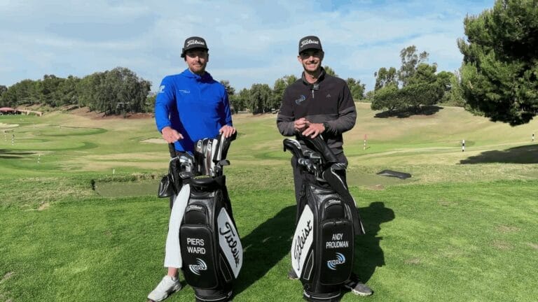 Andy Proudman and Piers Ward from Me and My Golf standing on a golf course with Titleist-branded clubs and bags, celebrating their new equipment partnership.